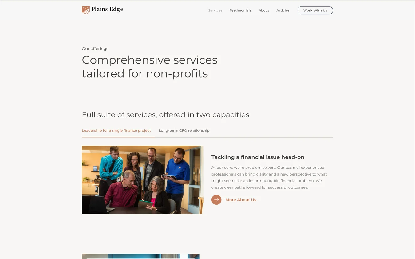 Webpage from Plains Edge, financial service
