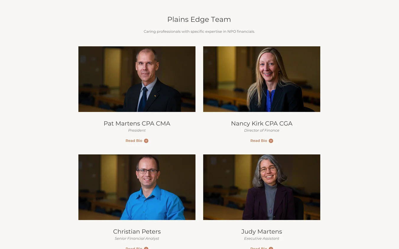 Screenshot of Plains Edge webpage in Steinbach, Manitoba. Shows photos of employees.