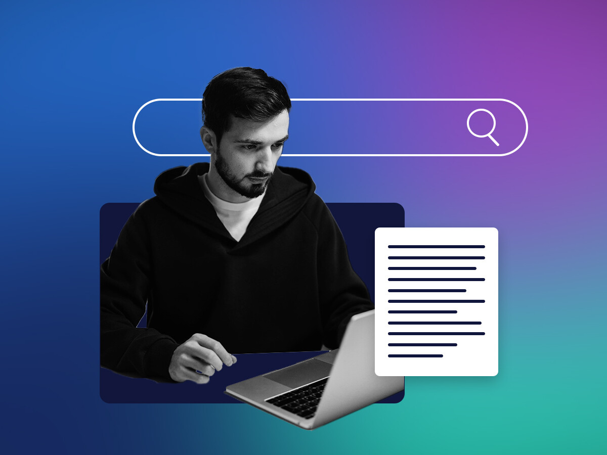 Young male on computer in front of gradient background