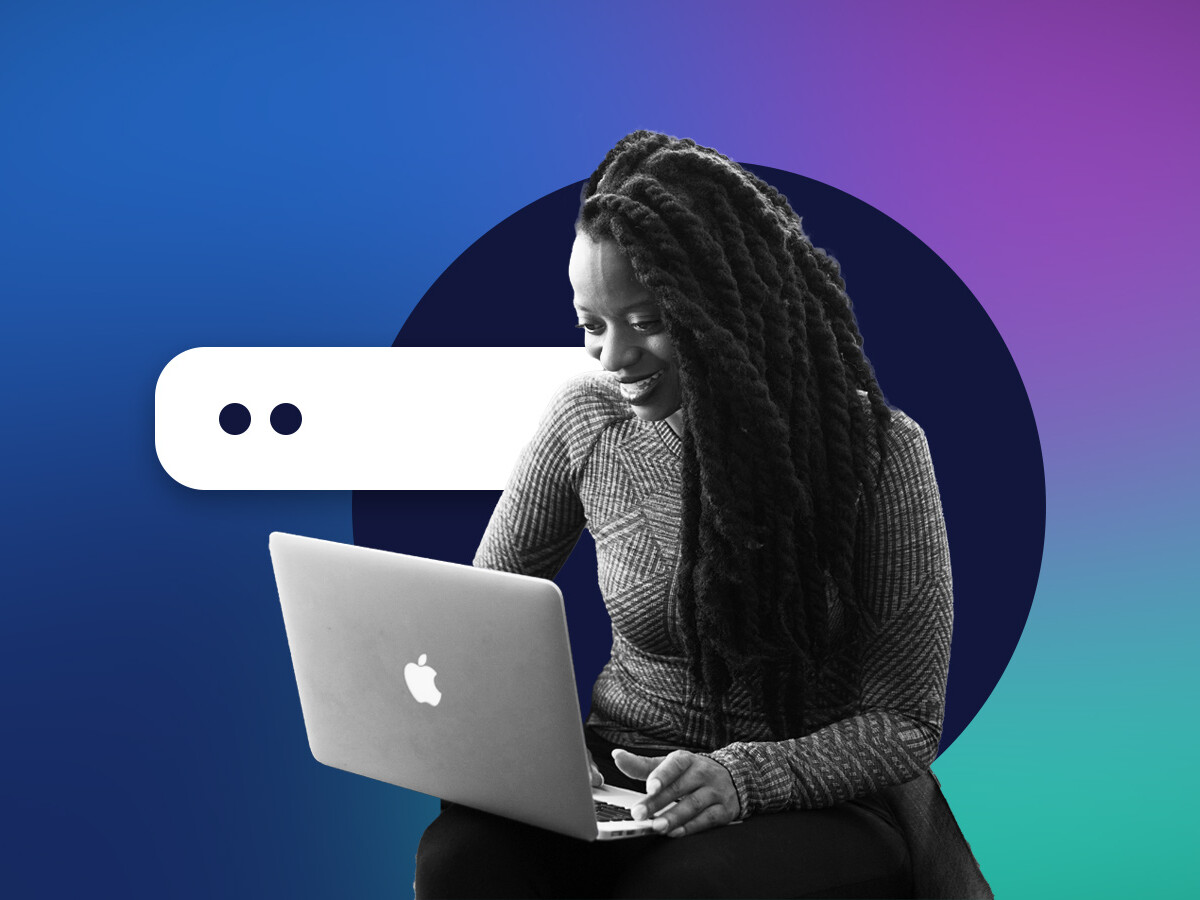 Female business person on computer in front of gradient background