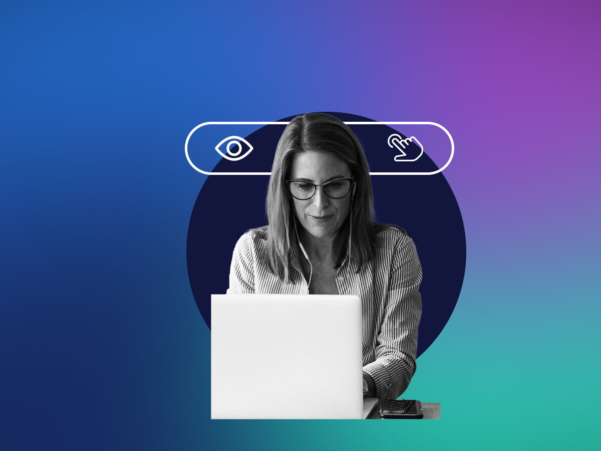 Female business person on computer in front of gradient background