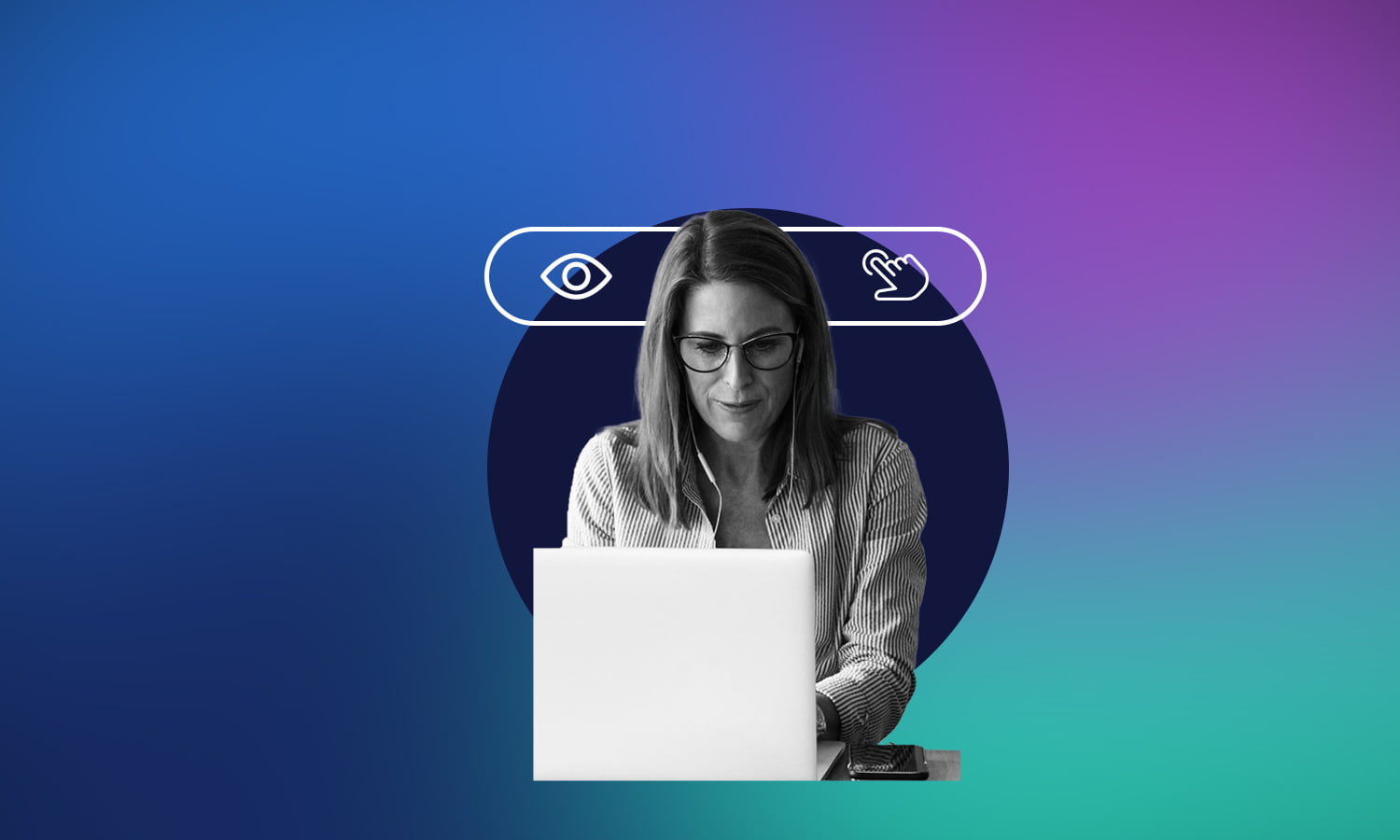 Female business person on computer in front of gradient background